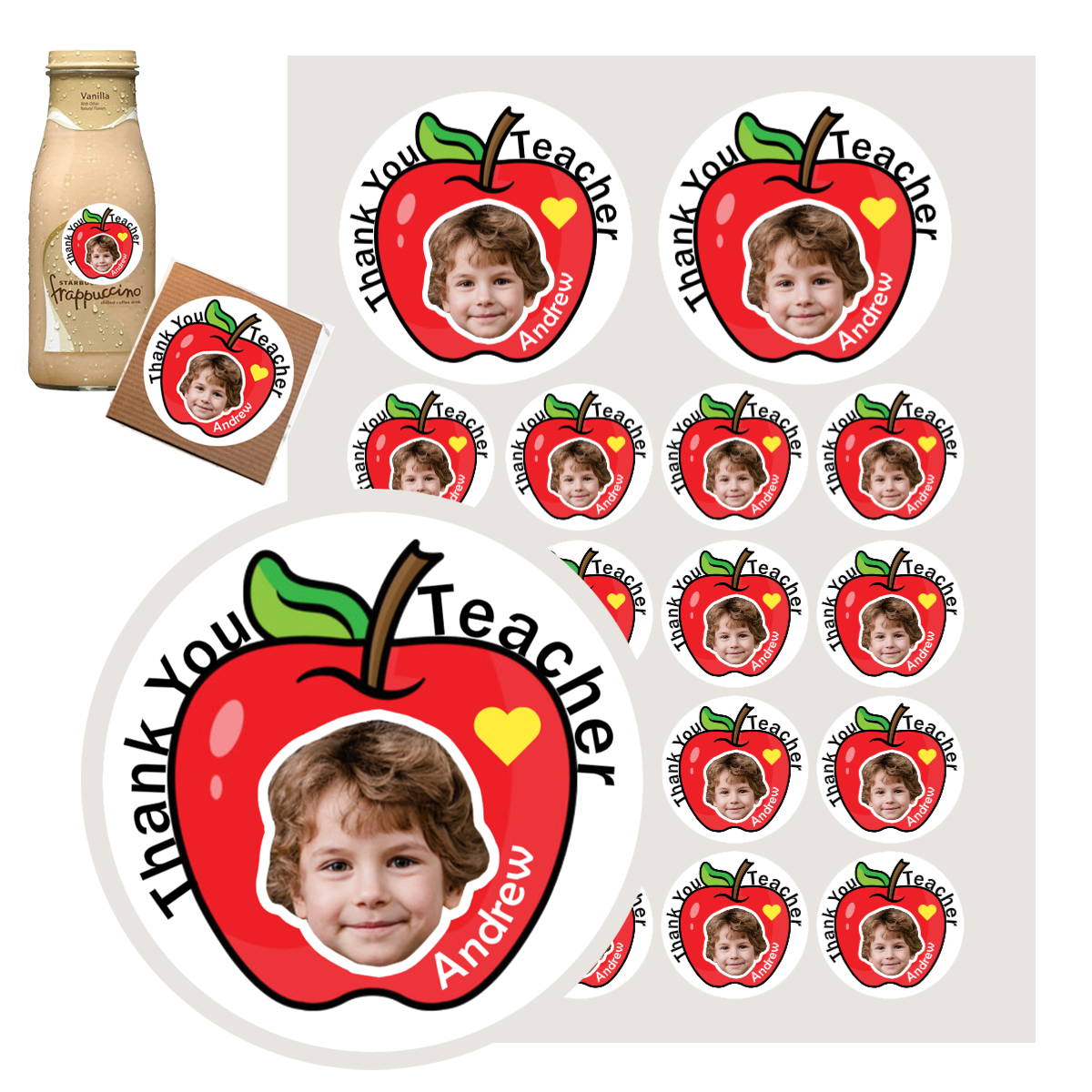 Personalized Thank You Teacher Apple Stickers with Face Photo 18pcs