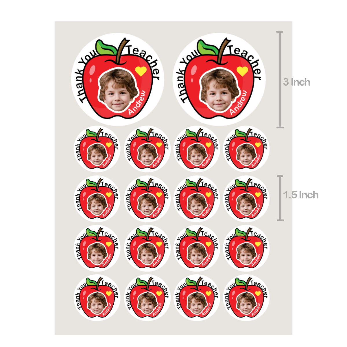 Personalized Thank You Teacher Apple Stickers with Face Photo 18pcs